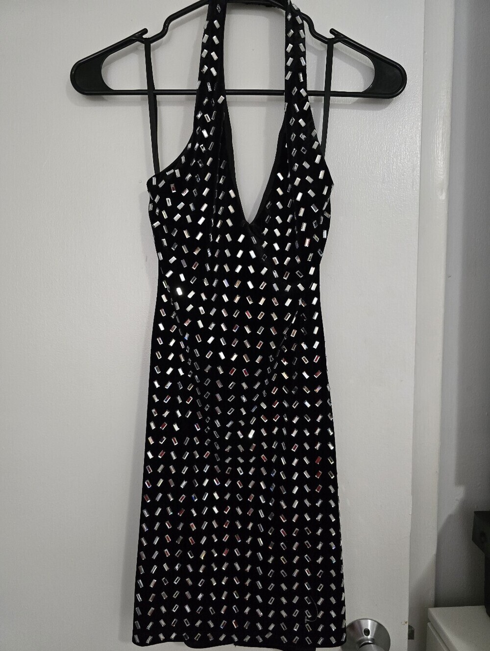 B Darlin Black Sequin Halter Dress with V-Neck